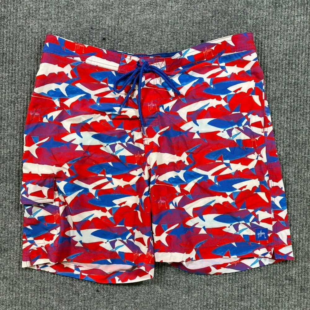 Guy Harvey Mens Swim Trunks Size L Red Blue Shark Print Drawstring Stretch